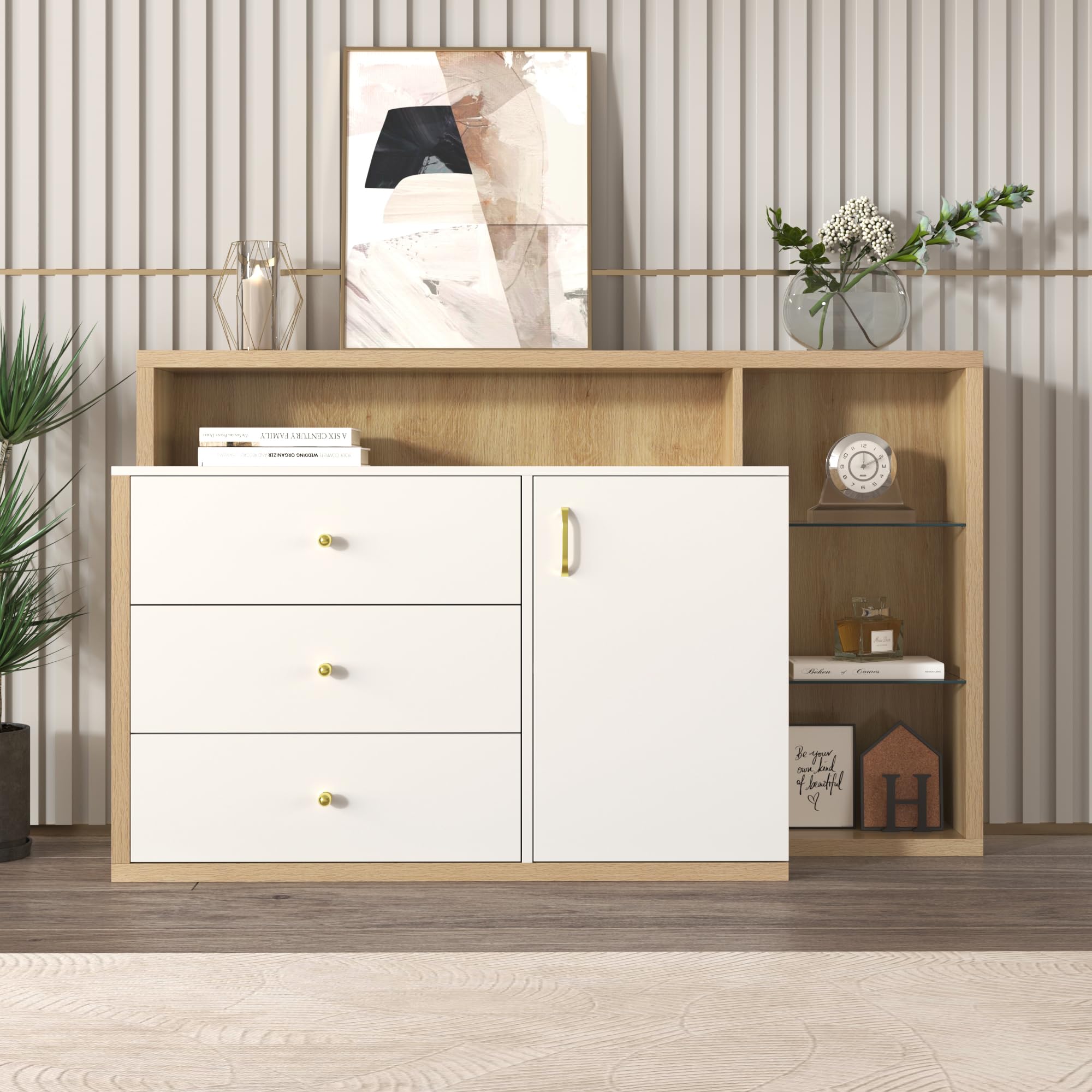 Dolamaní Credenza 140 cm bianca 3 cassetti ante vetro maniglie oro
