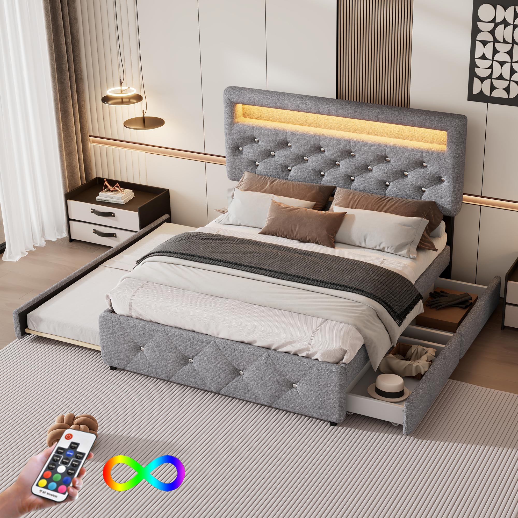 Dolamaní Letto 140x200 Grigio con Estraibile 90x190 e Cassetti