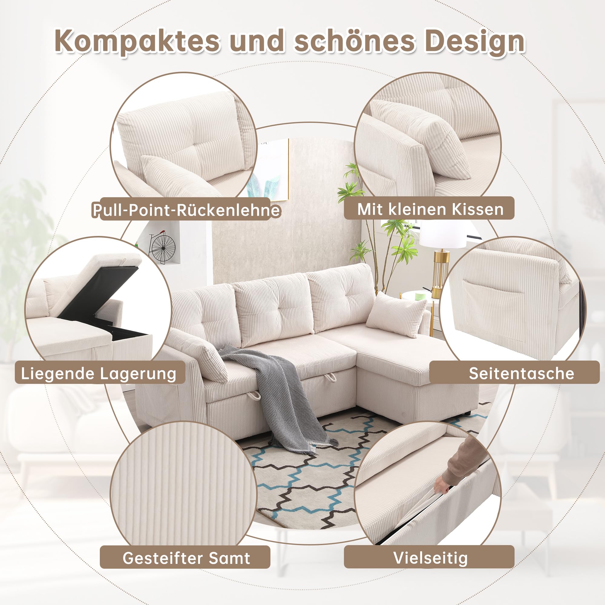 Dolamaní Divano Letto a L Beige in Velluto con Contenitore