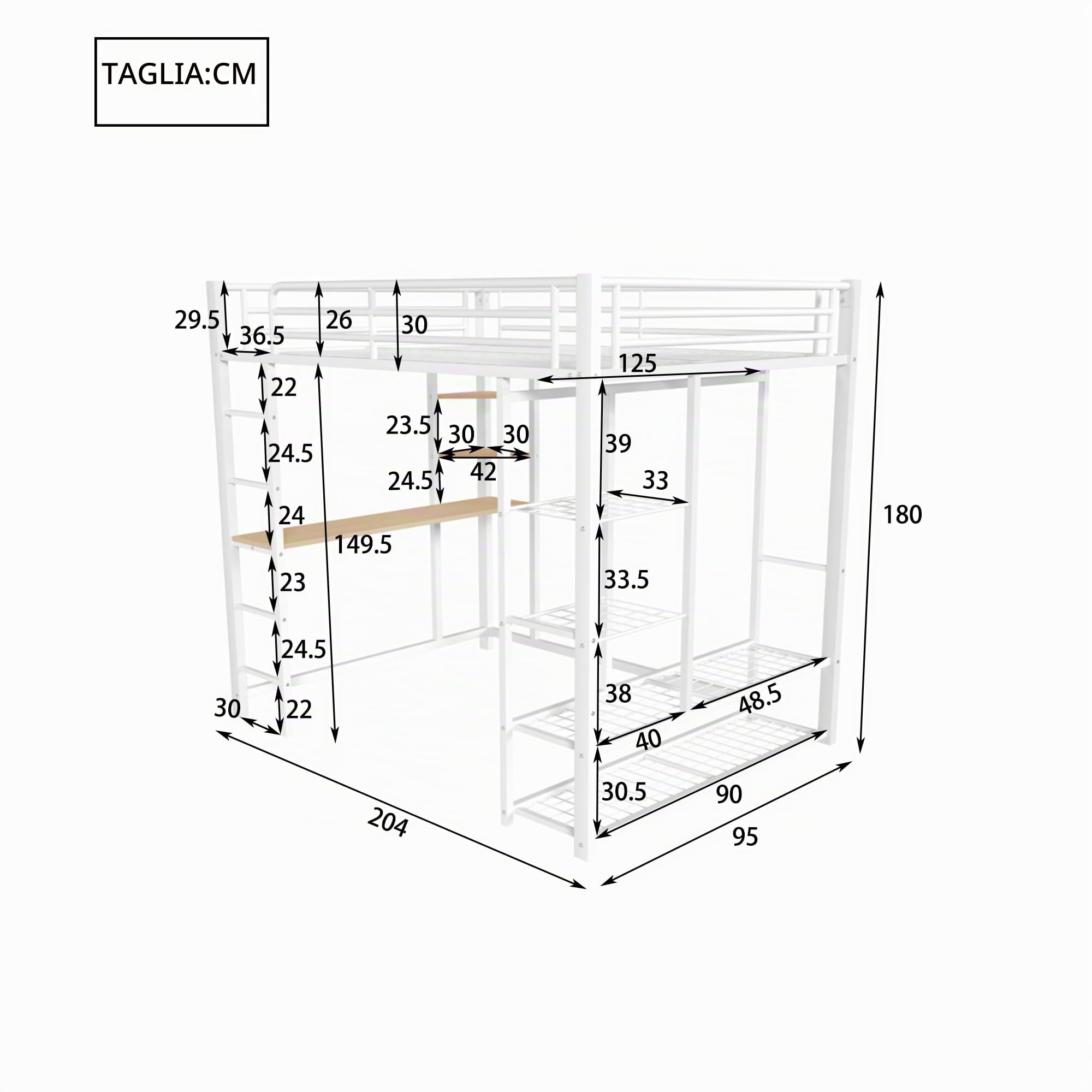 Dolamani Letto a Soppalco 90x200 Bianco con Scrivania
