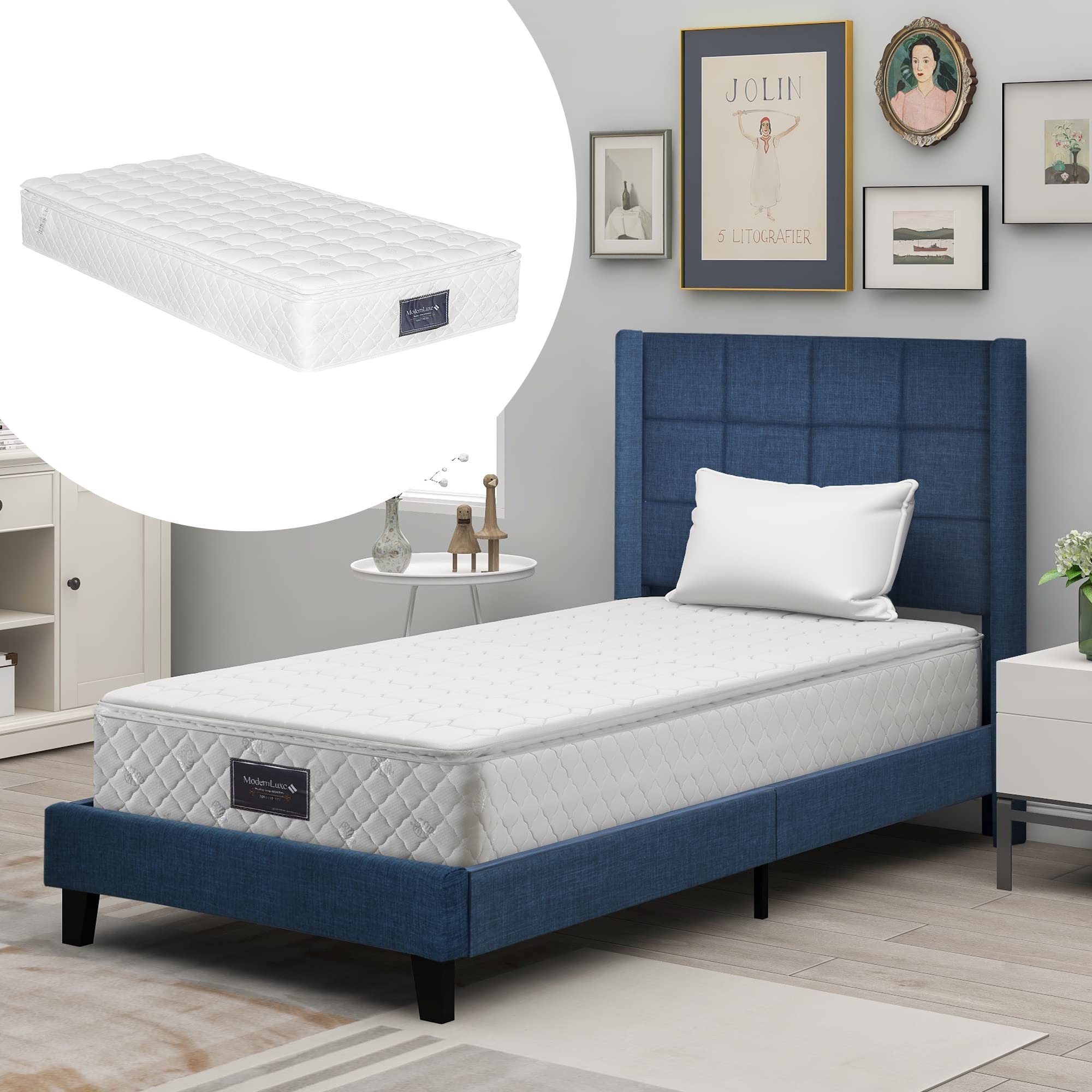 Dolamaní Letto singolo imbottito 90x200 blu in lino